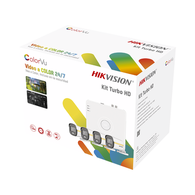 Kit 1080p ColorVu Hikvision/ DVR 4 CH/ 4 Camaras Bala Metalica con Microfono/ 4 Cables 18 Mts/ 1 Fuente de Poder